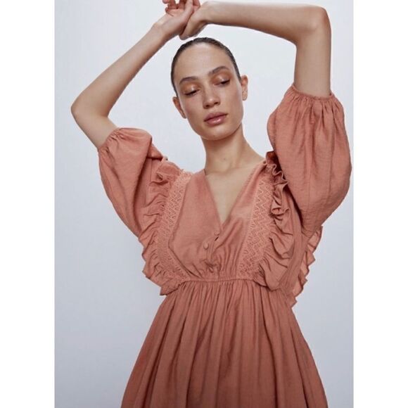 ZARA Blogger’s Favorite Marsala Lace Guipure Ruffled Balloon Sleeve Mini Dress - Picture 5 of 16